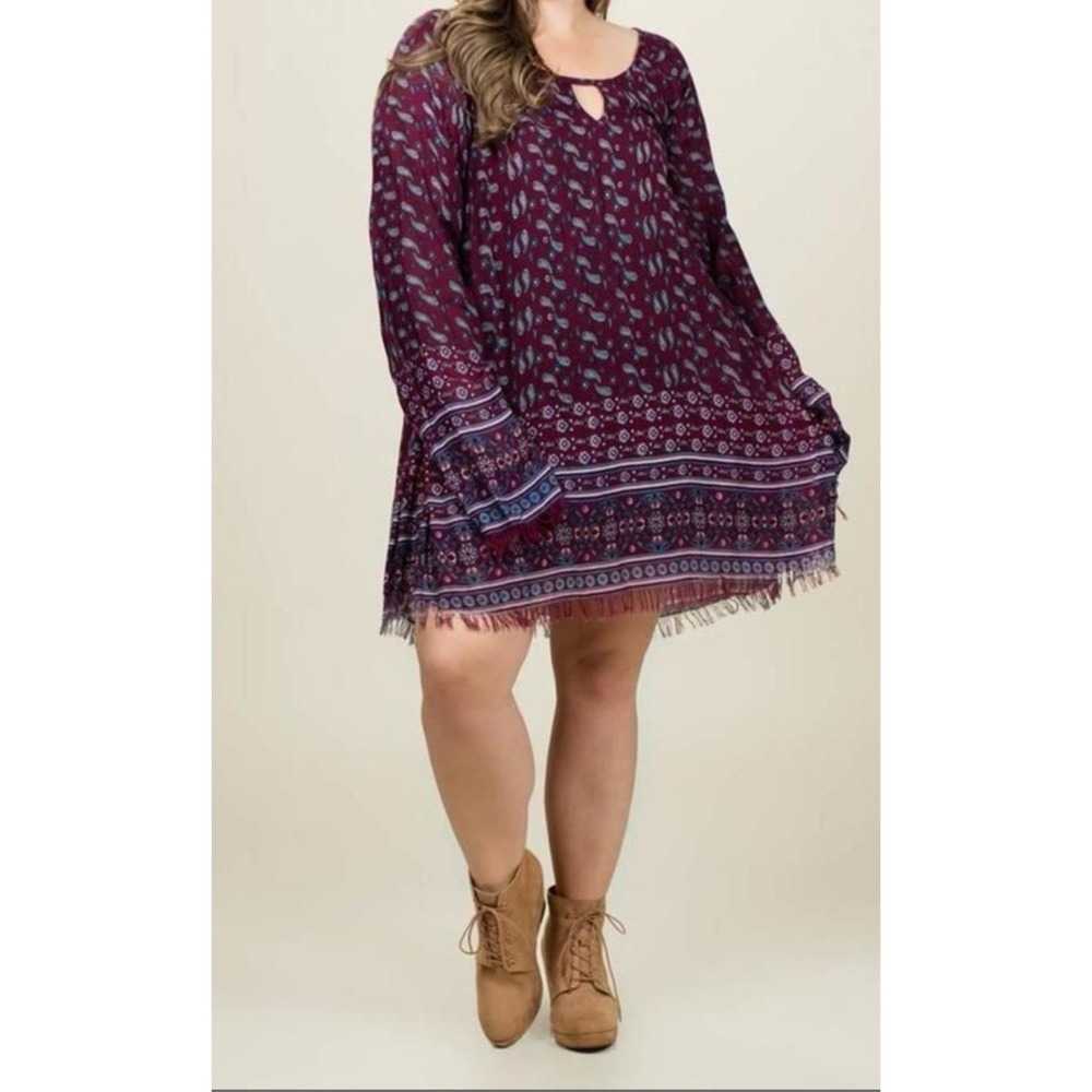 En Creme Womens Dress S Paisley Fringe Long Sleeve Boho Festival Y2K 70'S Hippie